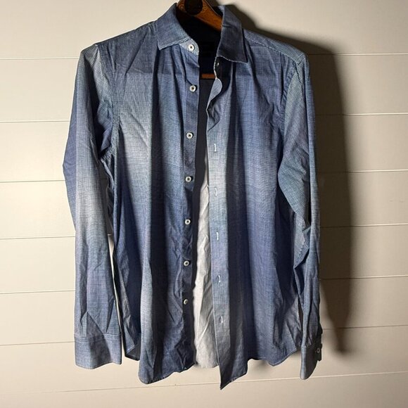 Bugatchi Long Sleeve Button Up Shirt 8-Way Stretch Blue & White Dimensional M - Picture 1 of 8